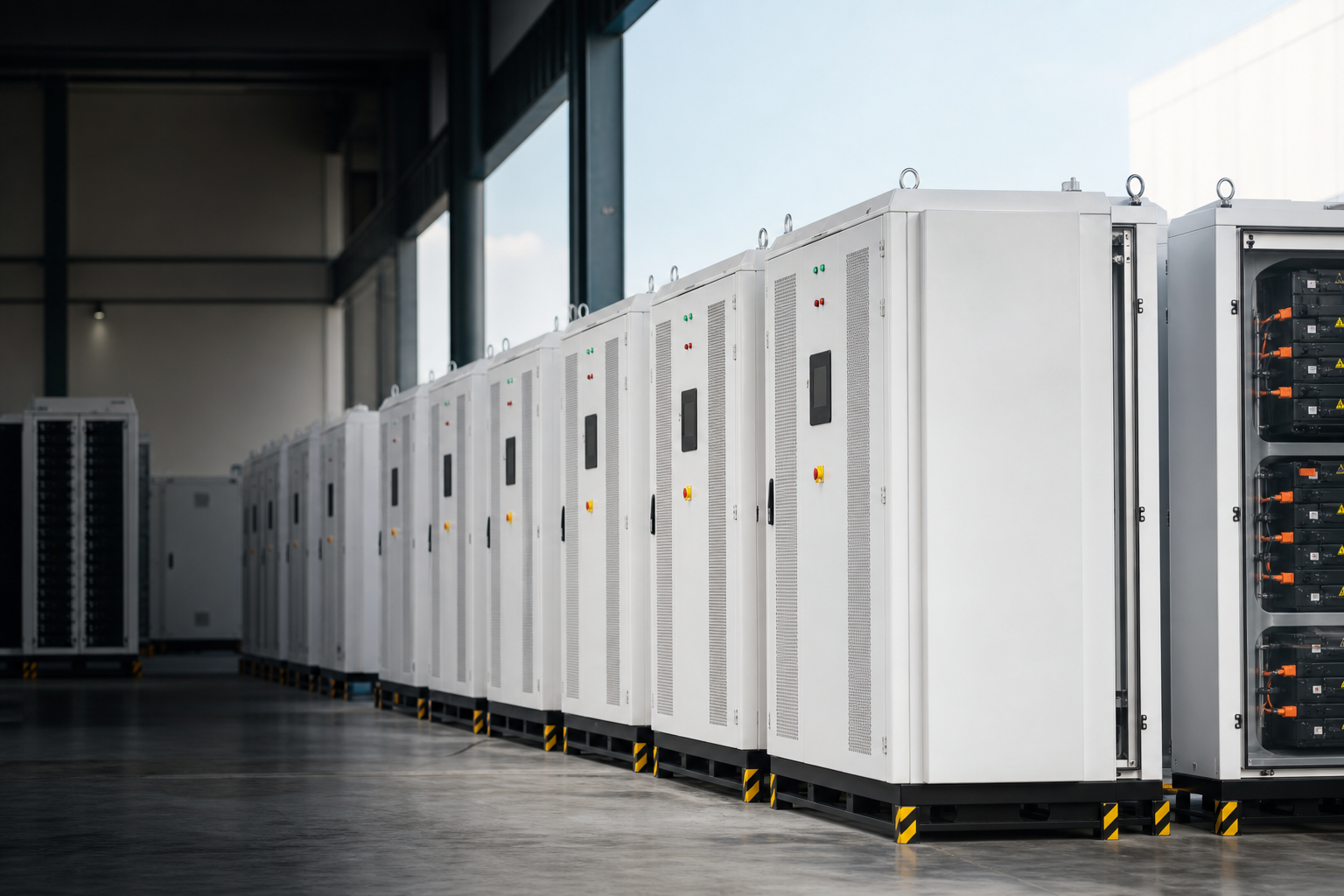 BESS cabinets in a clean industrial yard (branding hero)