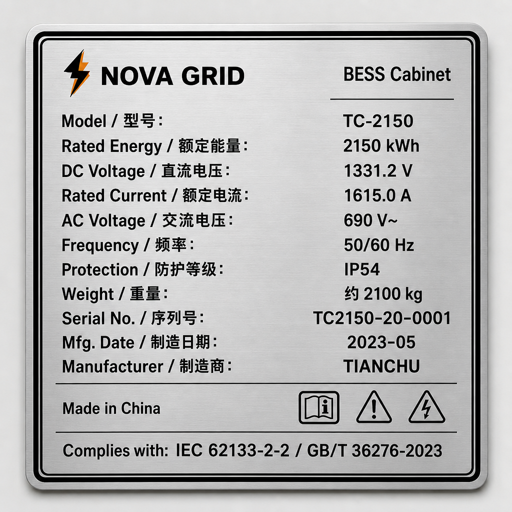NOVA GRID BESS Cabinet nameplate sample (1:1 demo)