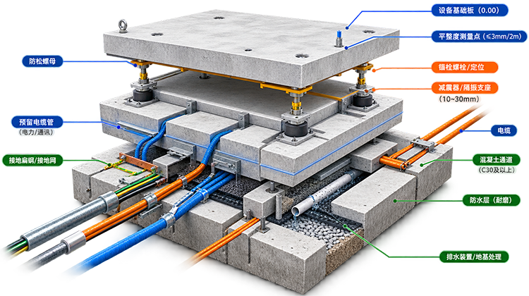 Labeled foundation cutaway: slab, anchors, conduits, grounding, drainage