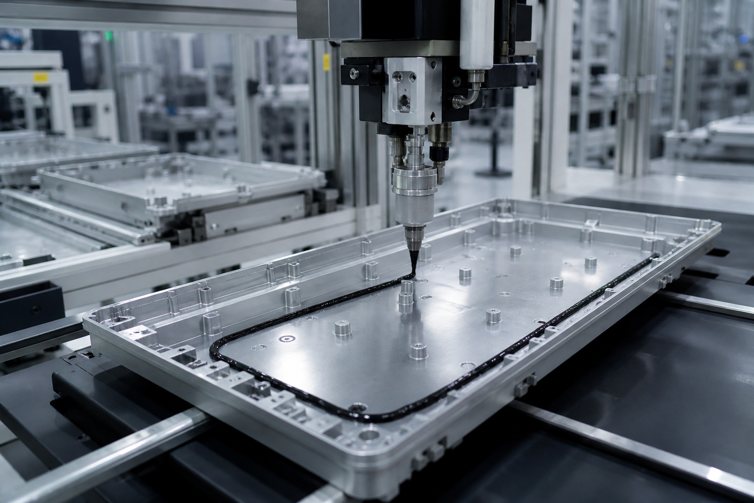 Bottom-tray adhesive dispense for module