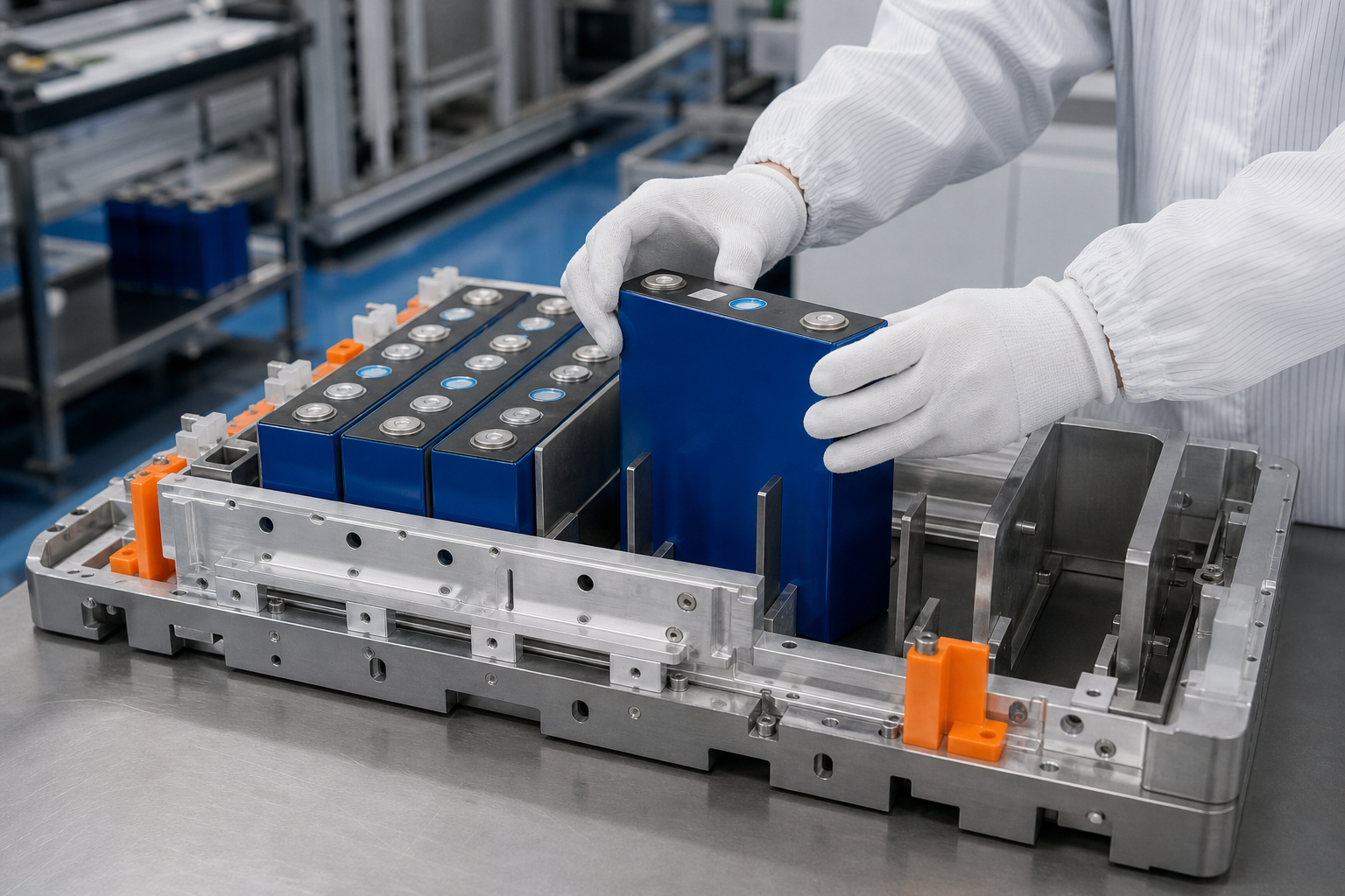 Prismatic cell stacking into module fixture