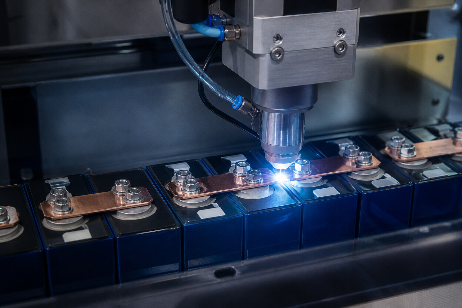 Laser welding copper busbars to cell terminals