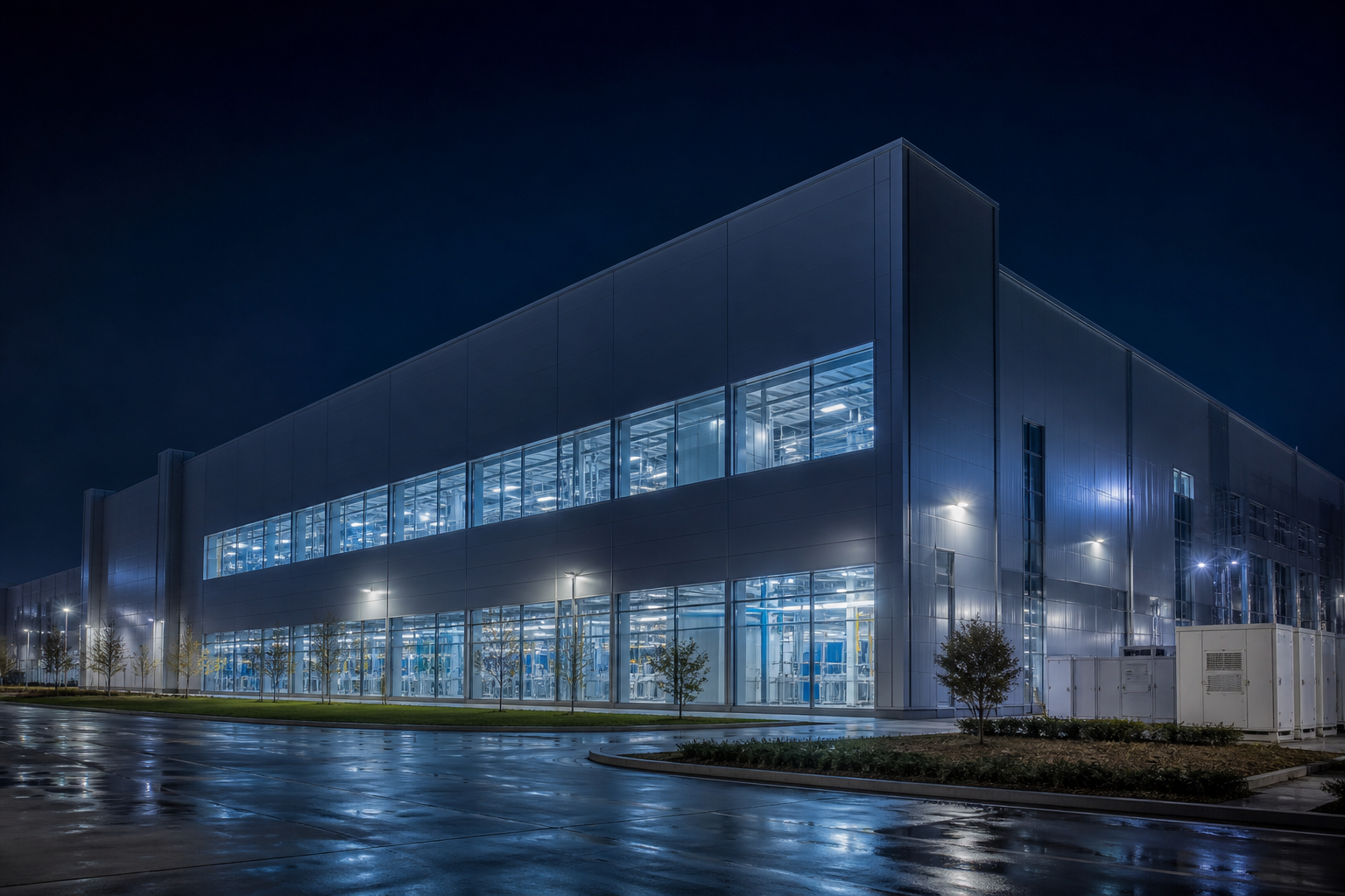 Battery factory campus at night