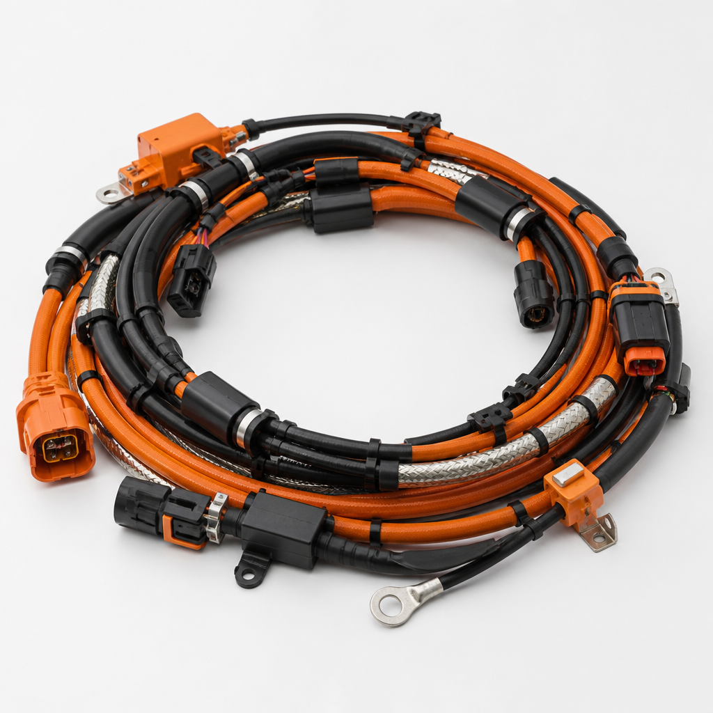 Shielded HV harness with EMC ferrites