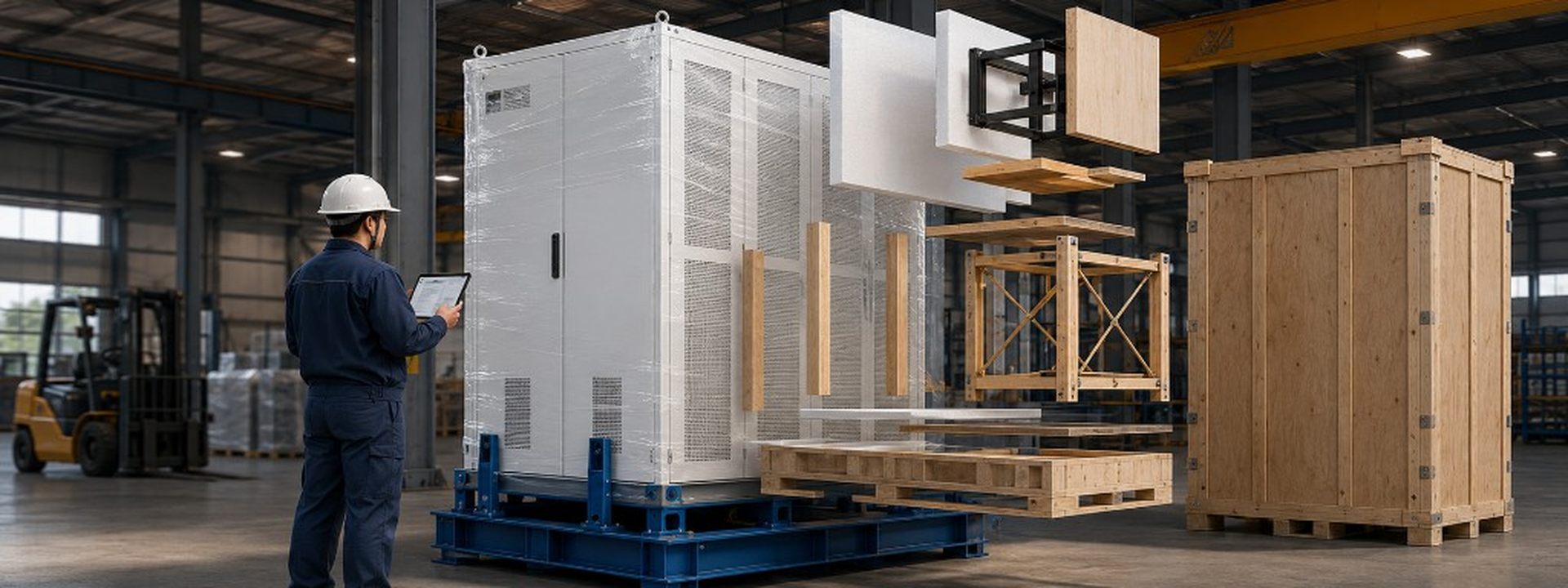 Warehouse packaging line with wrapped cabinet, exploded crate layers and finished wooden crate
