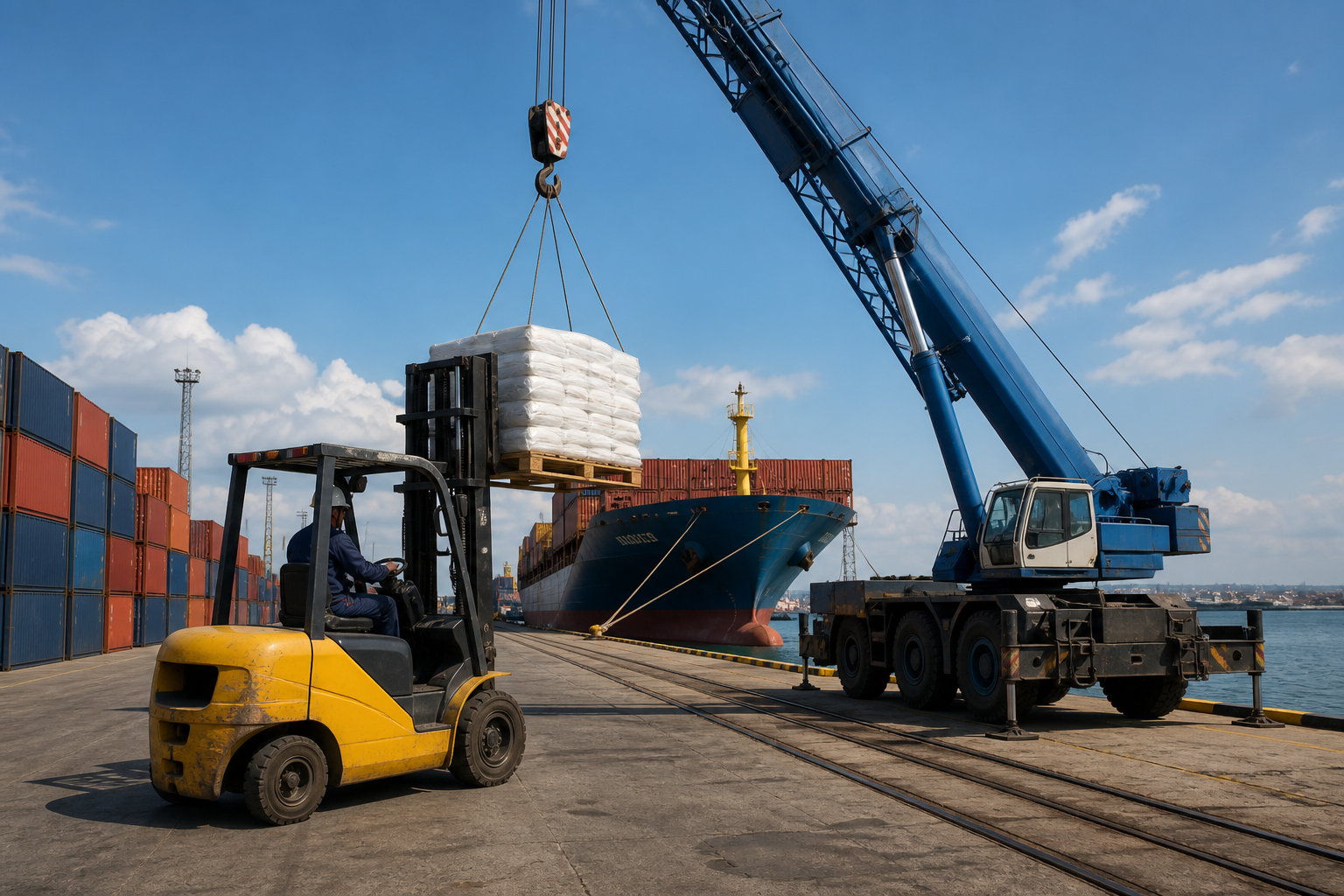 Port crane and forklift handling