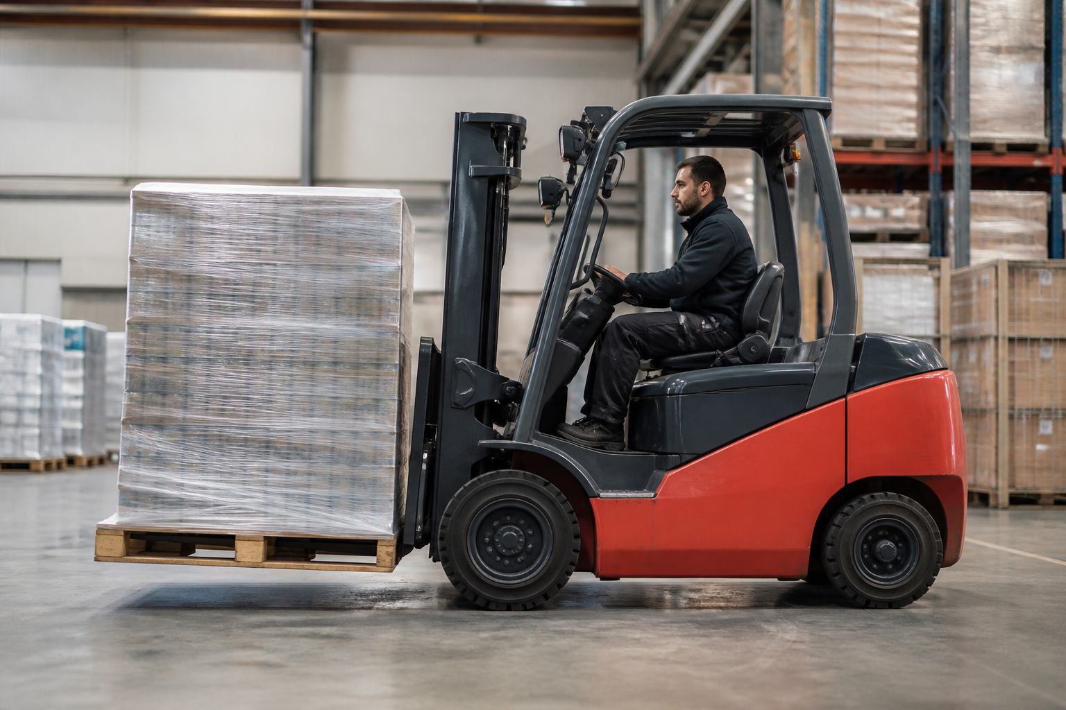 Forklift handling of wrapped pallet load (demo)