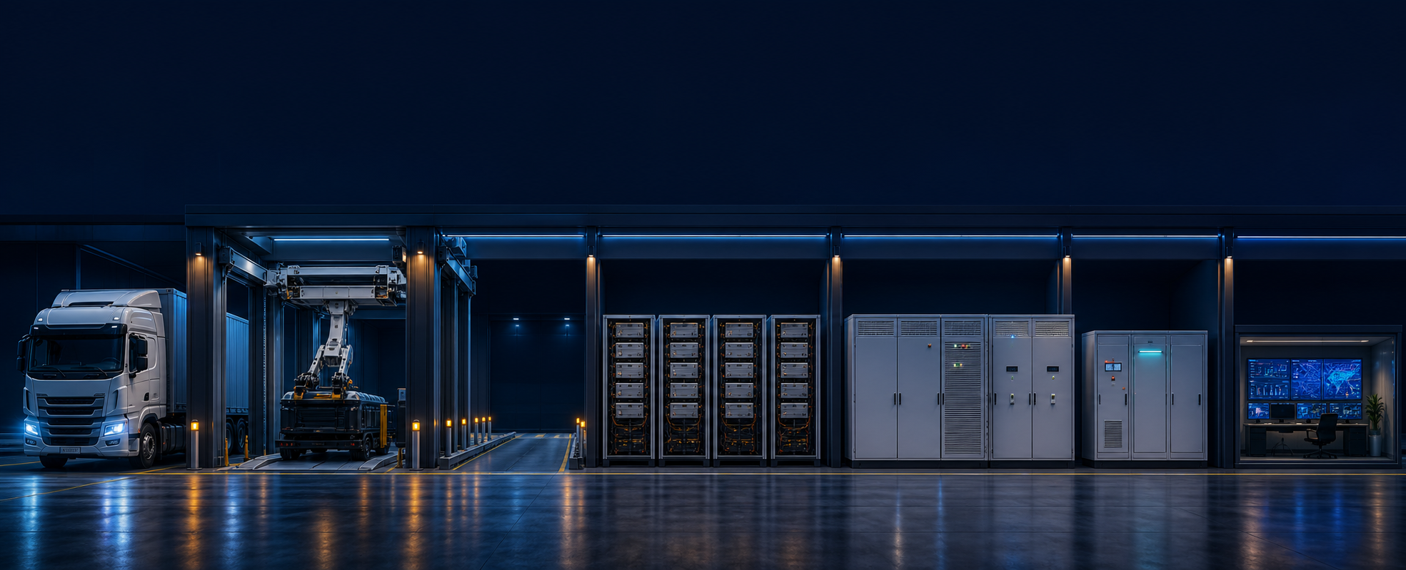 Controlled energy nodes of power exchange stations: cover seven functional areas of the vehicle identification, pre-replacement to be checked, buffers, power exchange, charge, distribution and control centre